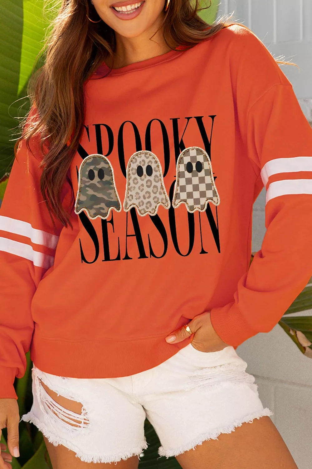 Spooky Season Ghost Graphic Varsity Striped Sleeve Halloween Pullover Sweatshirt - Lilixa.store