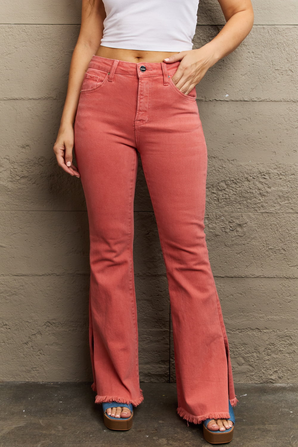 RISEN Bailey Full Size High Waist Side Slit Flare Jeans in Coral, view 6