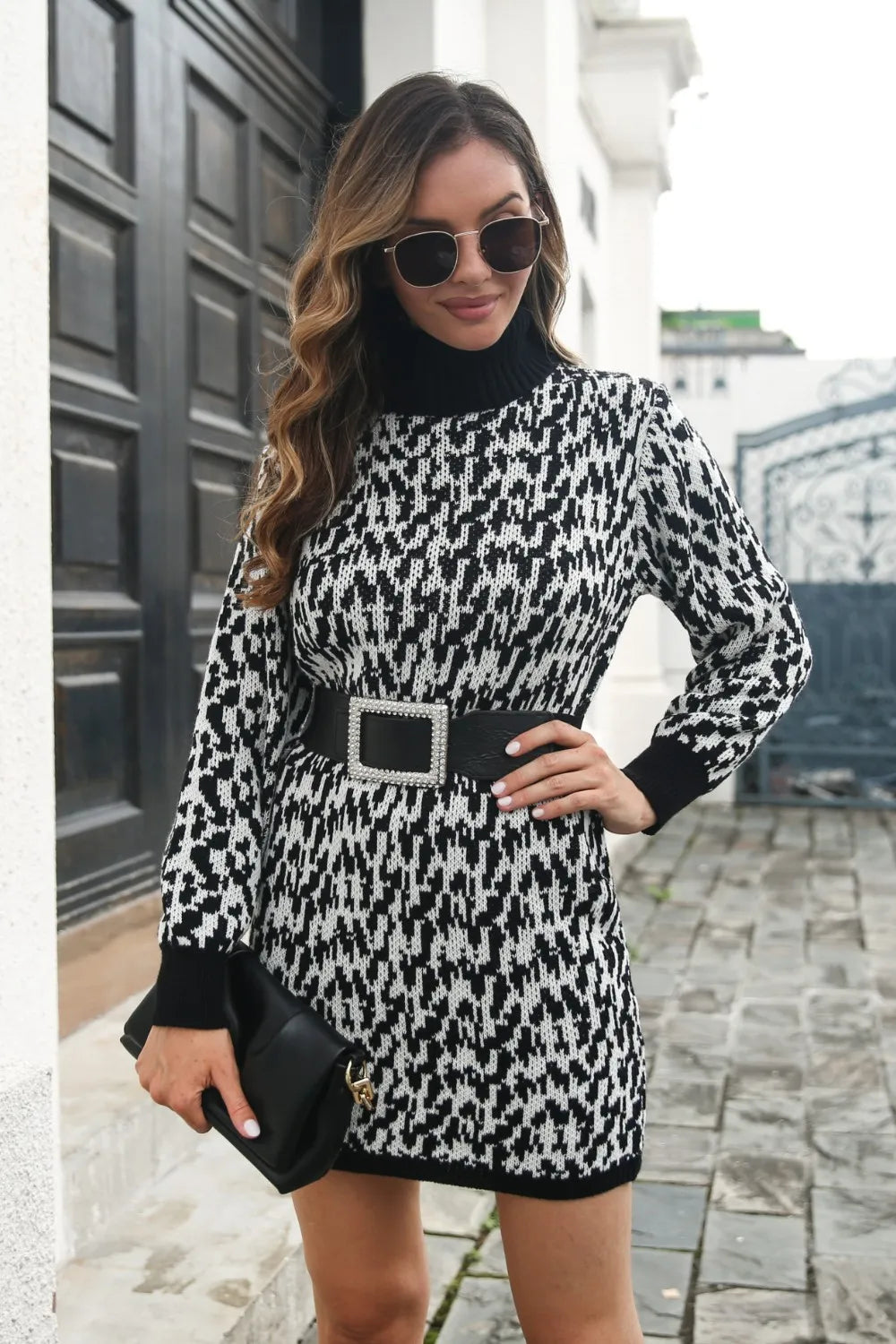 Heathered Turtleneck Mini Sweater Dress in Black, view 4