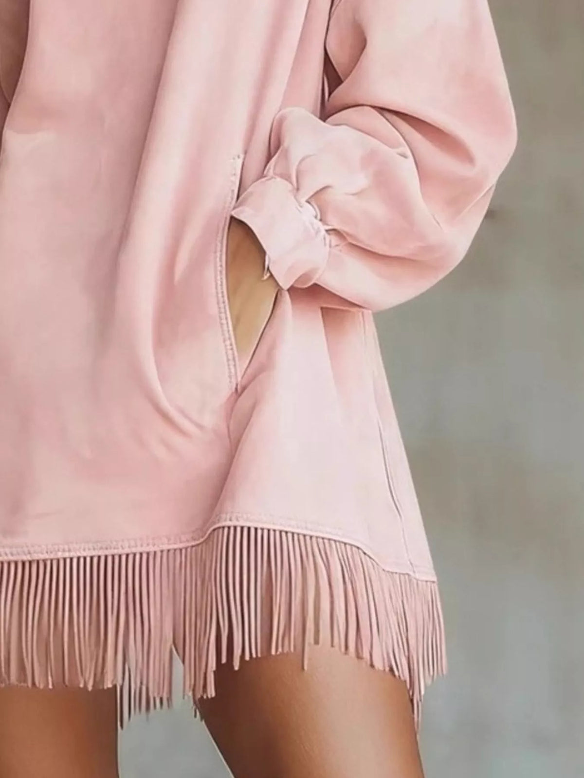 Suede Mock Neck Fringed Mini Dress, view 3