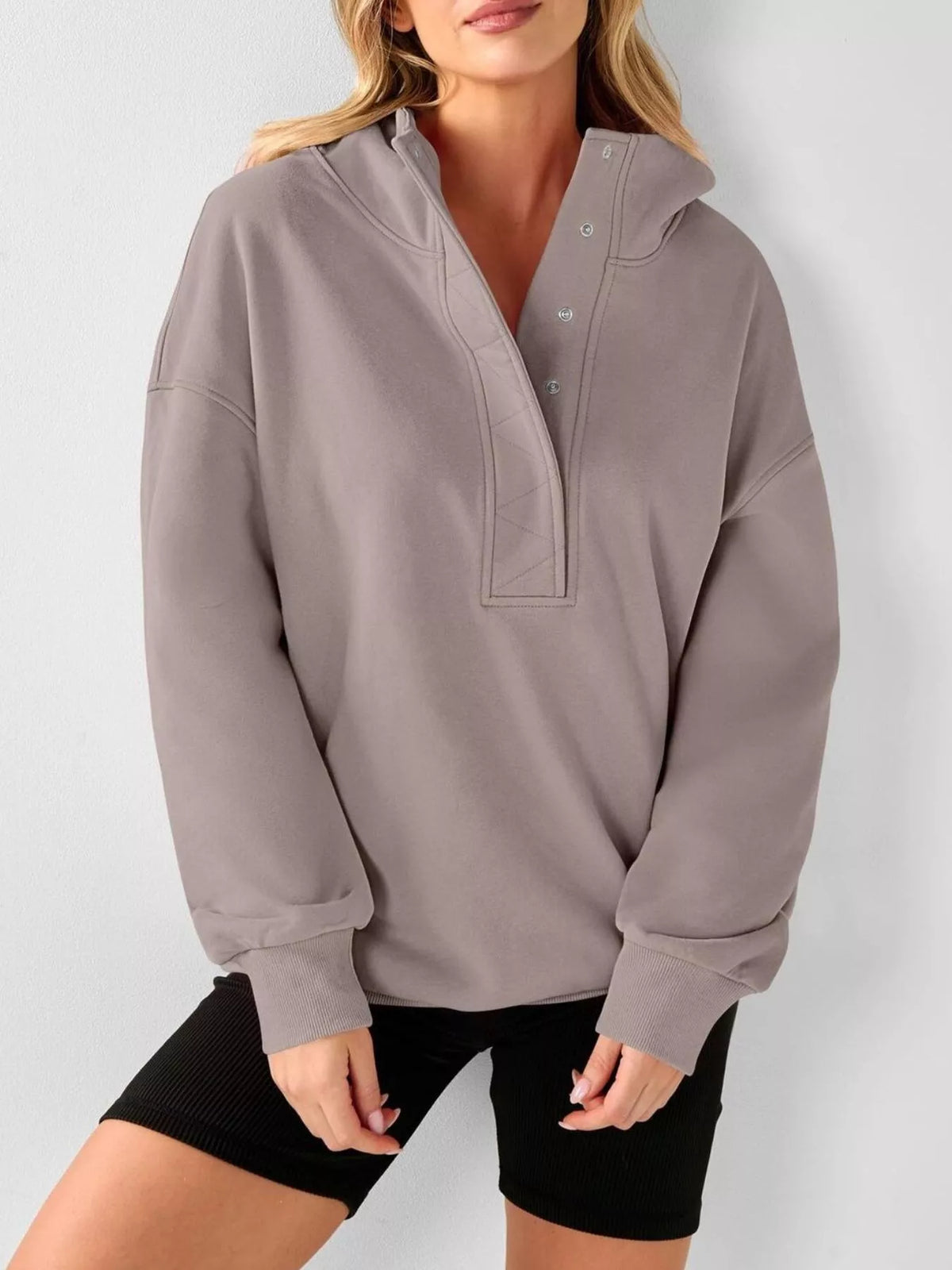 Half Snap Dropped Shoulder Hoodie - Lilixa.store