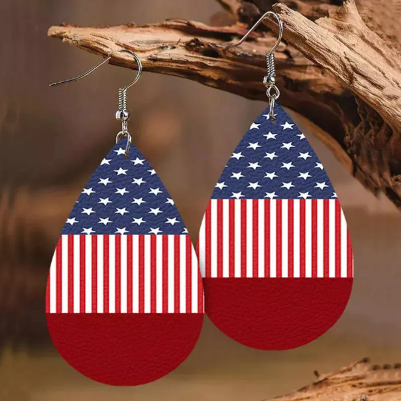 Stars and Stripes PU Leather Teardrop Earrings in Deep Red, view 4