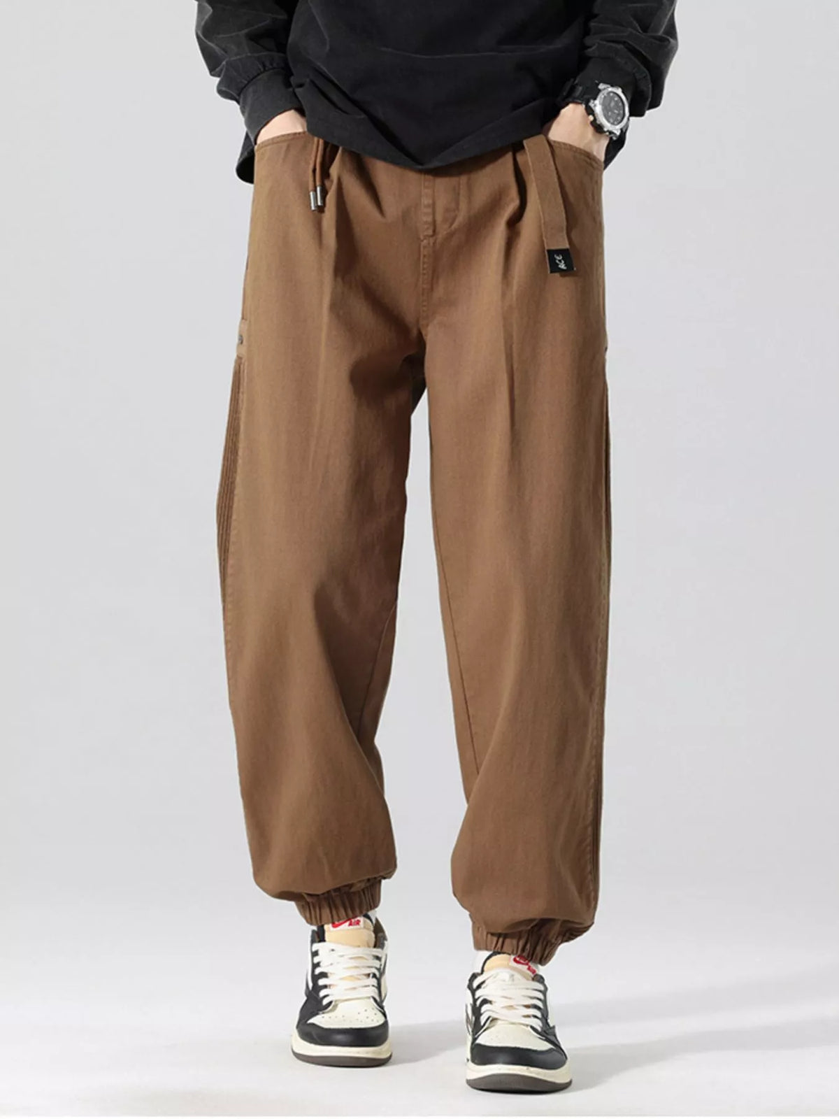 Men's Plus Size Drawstring Cargo Joggers with Pockets in Coffee Color
