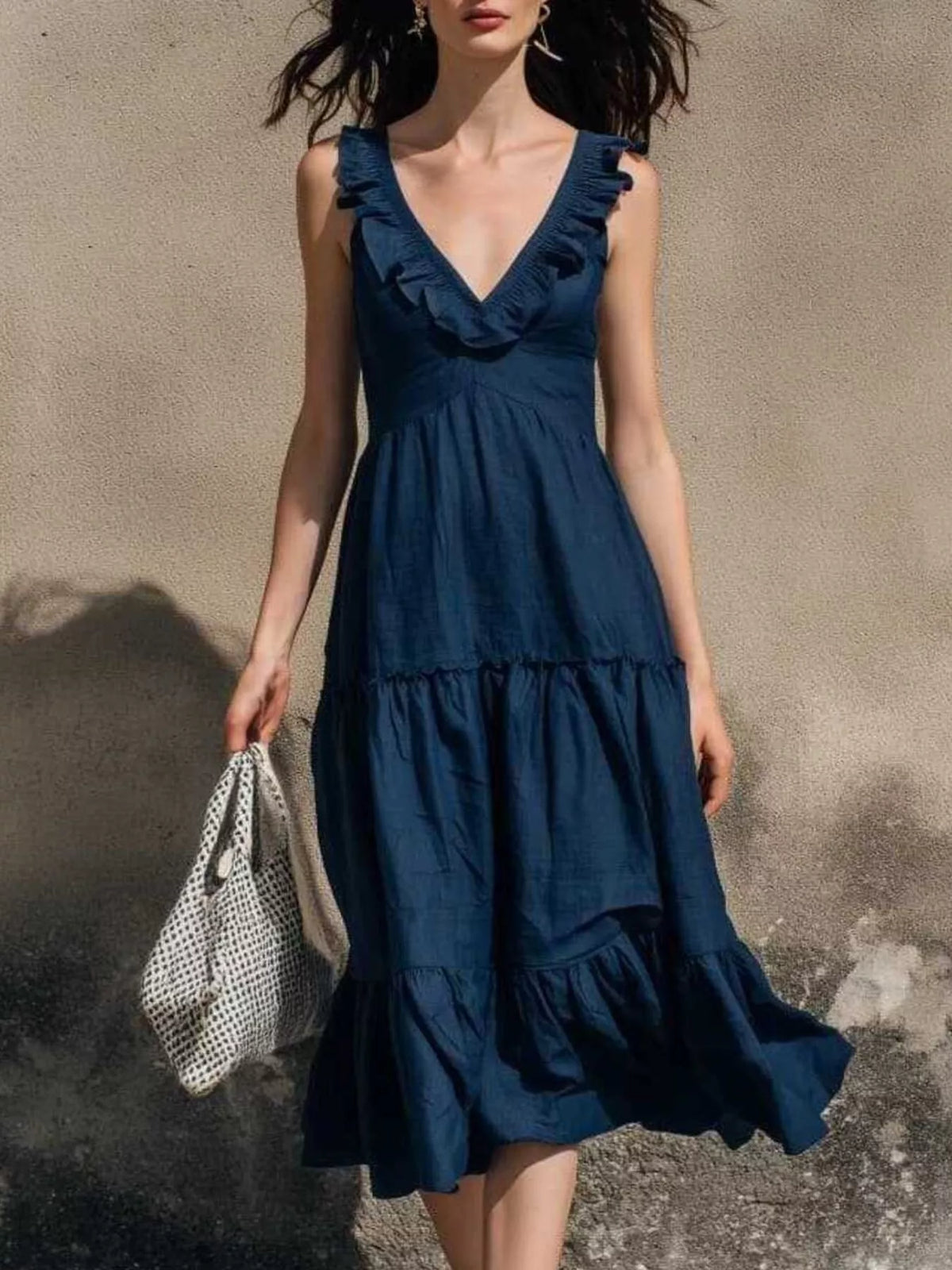 Full Size Ruffled V-Neck Tiered Midi Dress Plus Size - Lilixa.store
