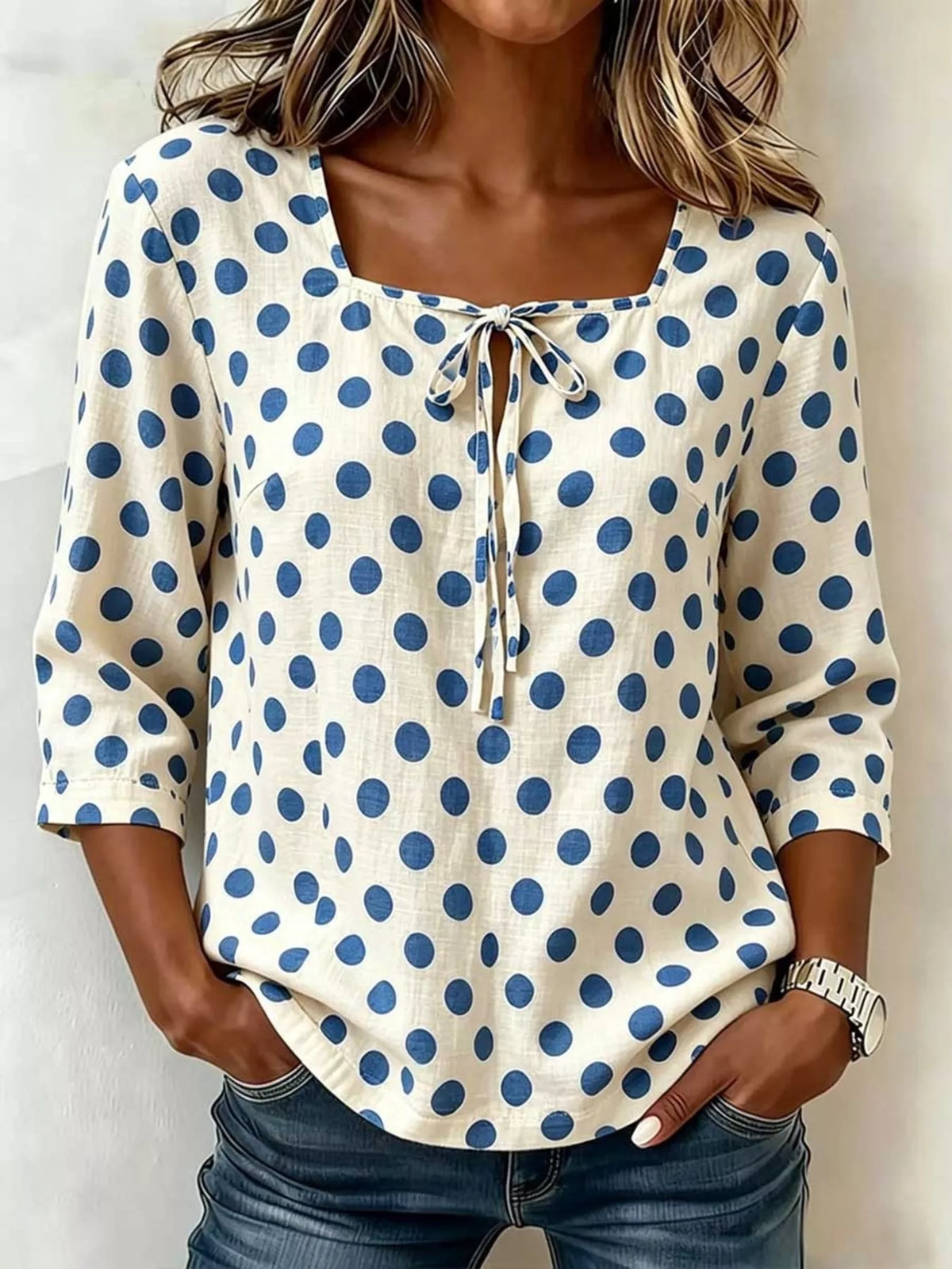 Full Size Square Neck Polka Dot Blouse Plus Size - Lilixa.store