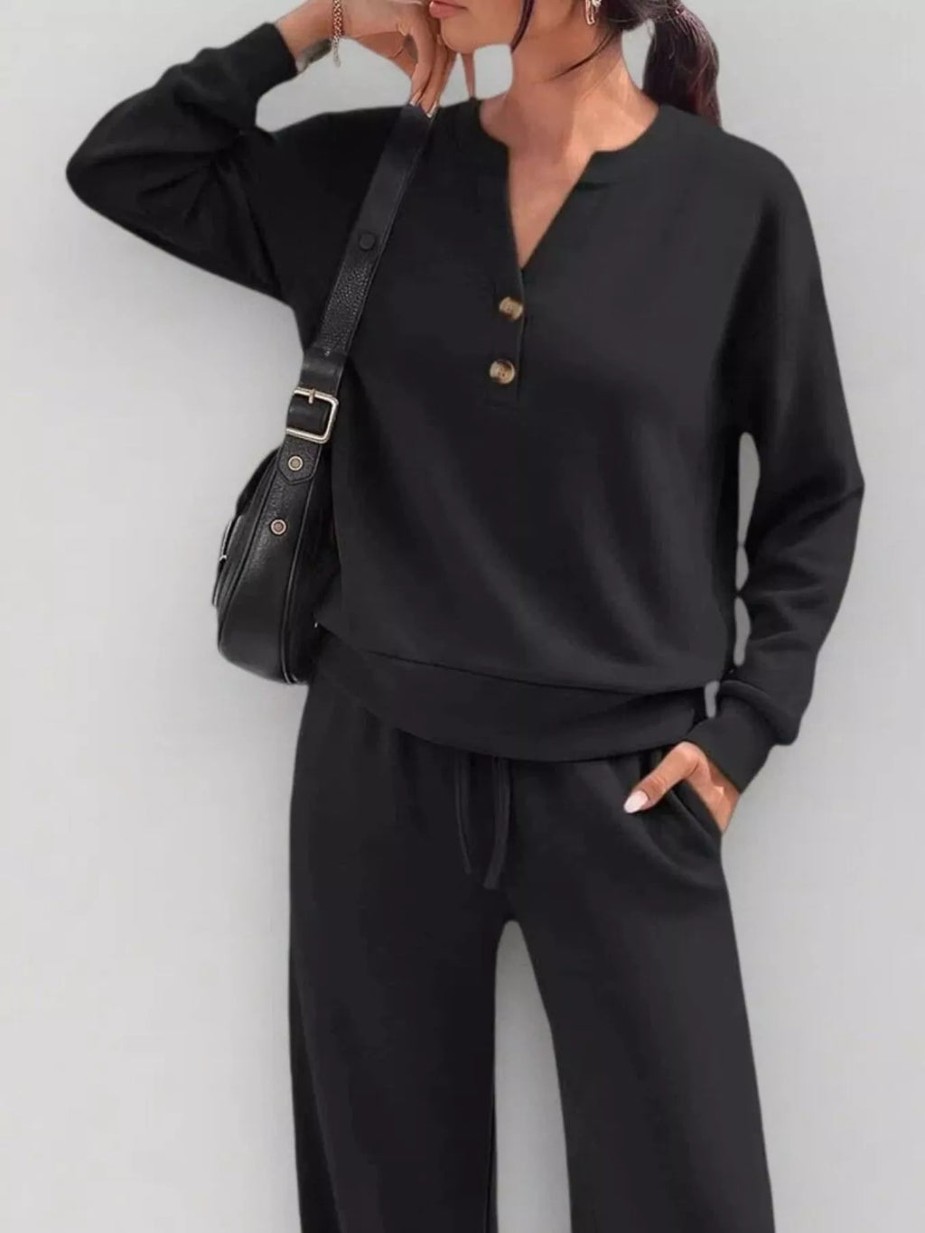 Button Detail Dropped Shoulder Top and Pants Set - Lilixa.store