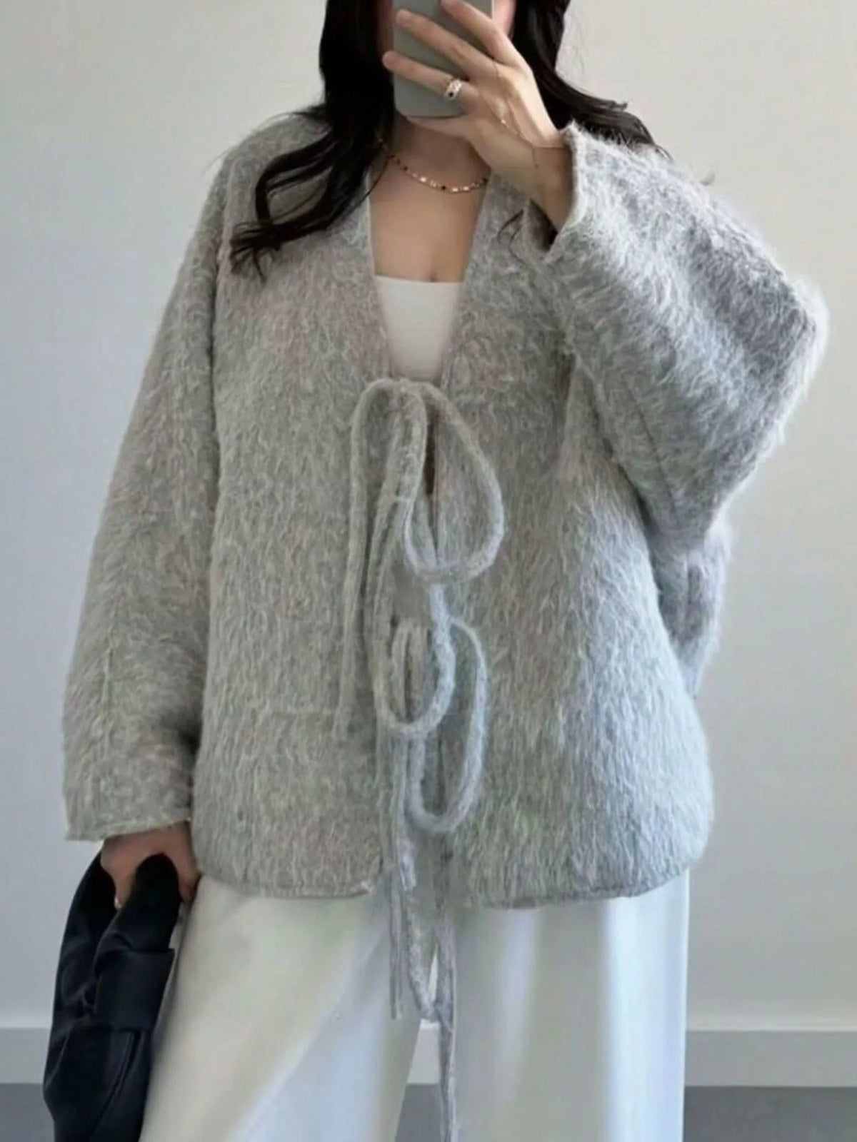 Textured Knit Tie-Front Outerwear - Lilixa.store