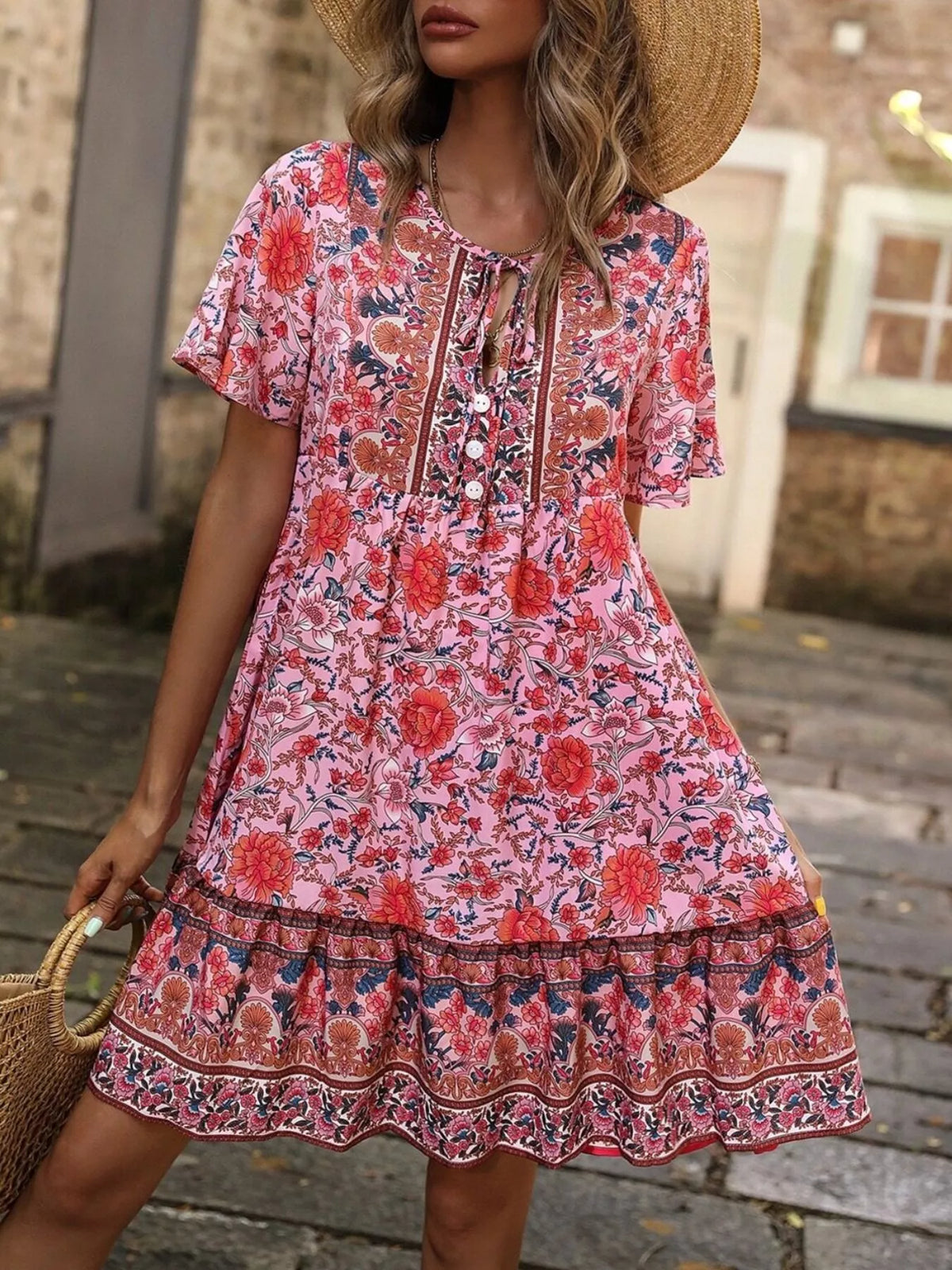 Floral Print Tie-Neck Ruffle Hem Mini Dress in Red