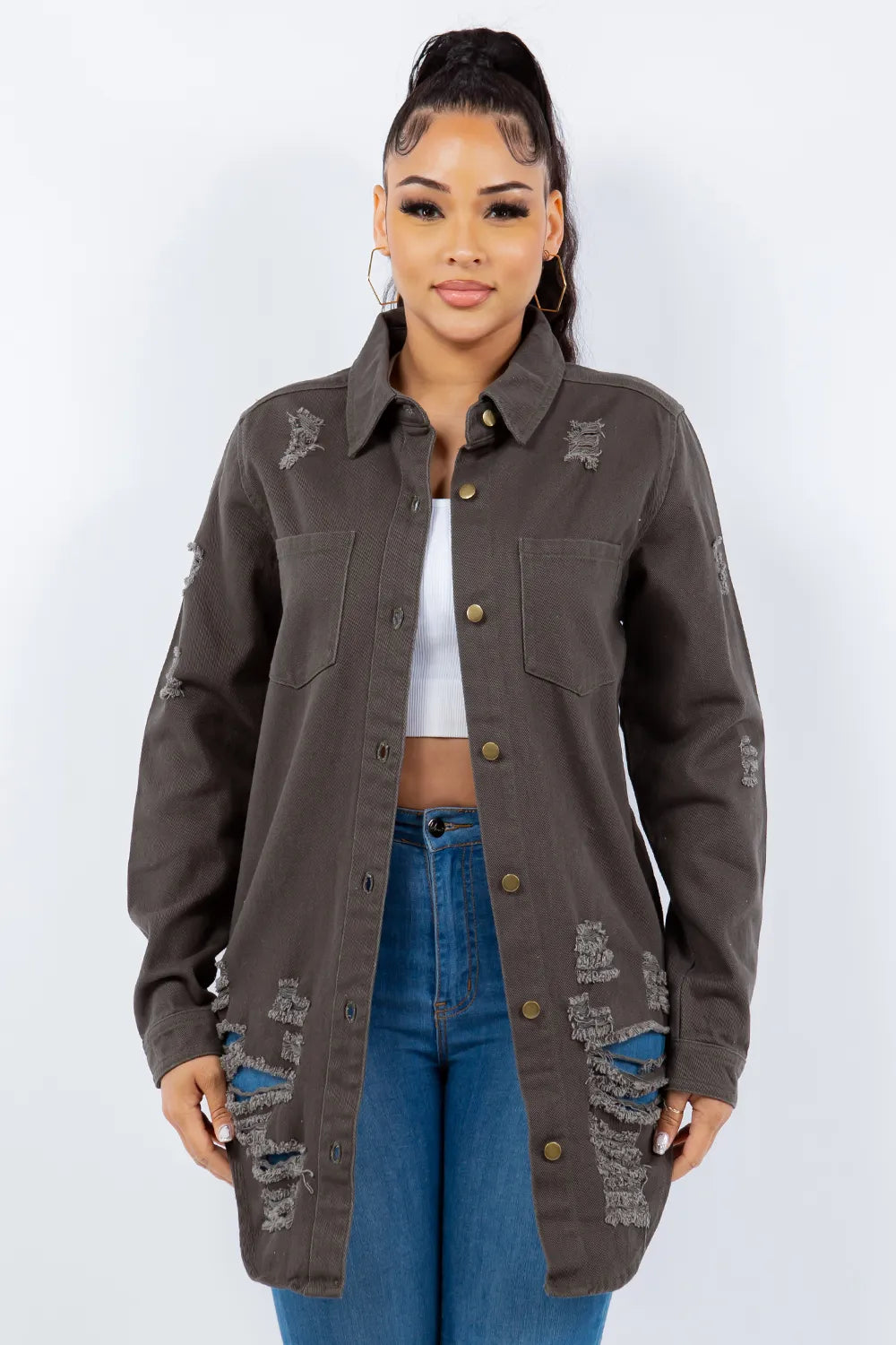 American Bazi Distressed Button Up Long Sleeve Denim Jacket - Lilixa.store