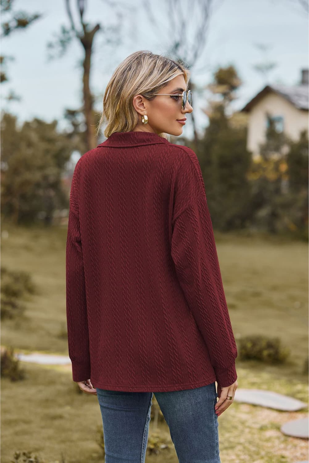 Collared Neck Cable-Knit Long Sleeve Blouse, view 10