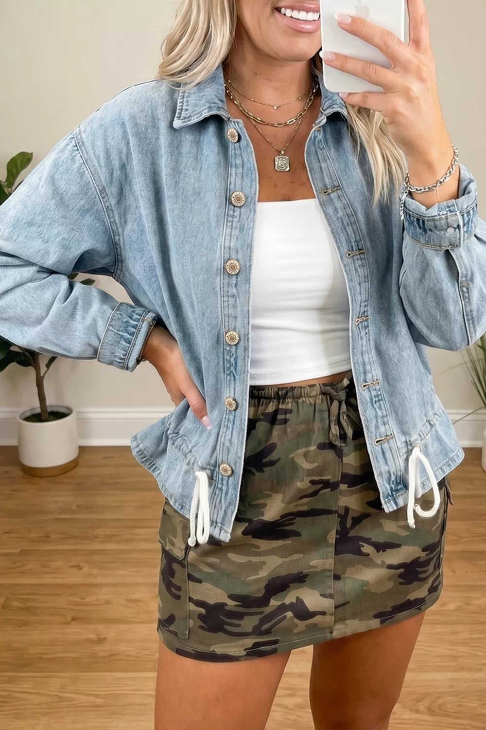 Draw-cord Hem Light Wash Denim Jacket in Light Blue