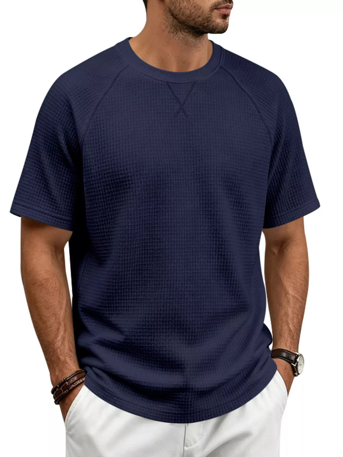 Men's Full Size Waffle Knit Raglan Short Sleeve T-Shirt Plus Size - Lilixa.store