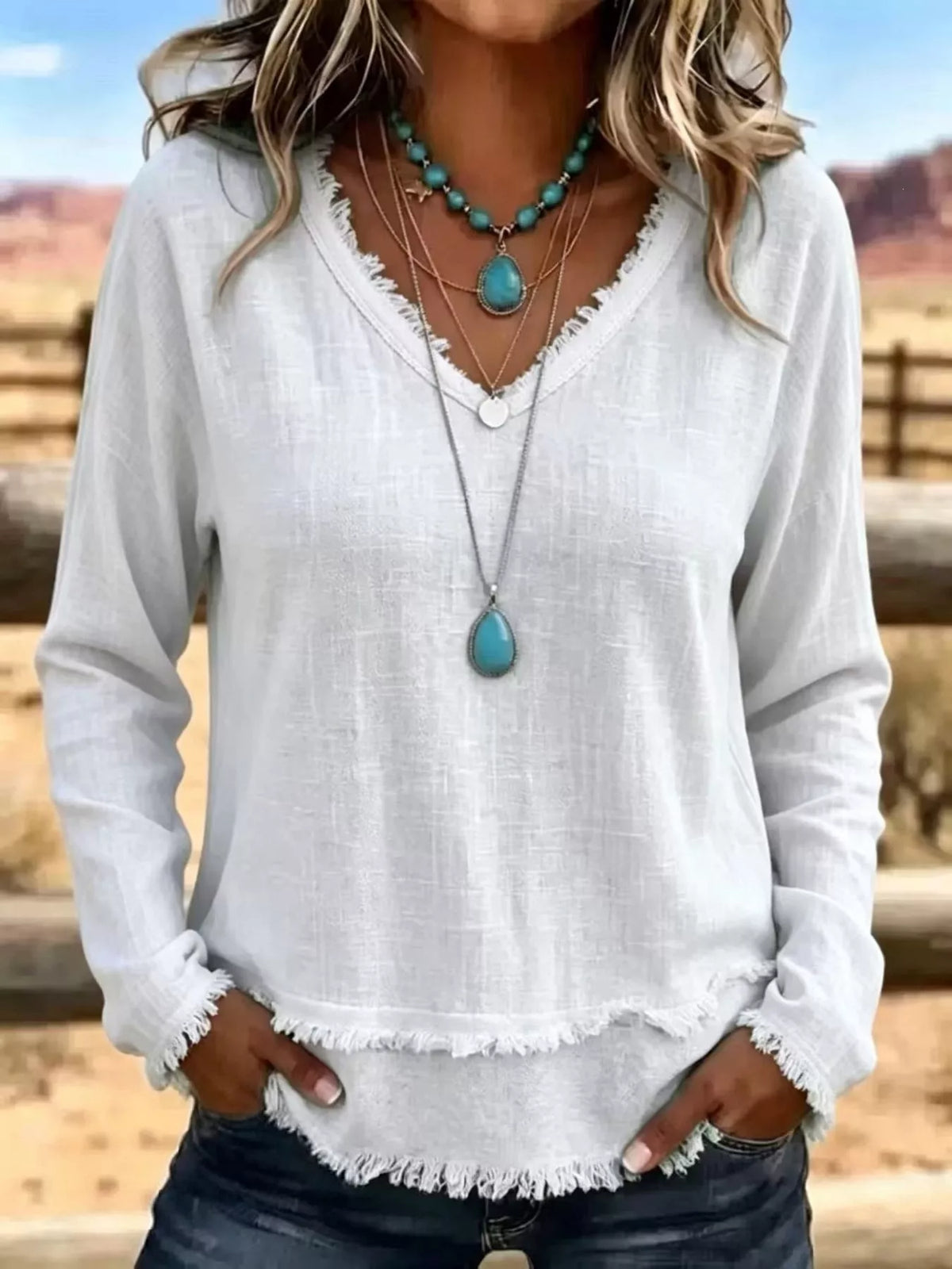 V-Neck Frayed Hem Long Sleeve T-Shirt - Lilixa.store