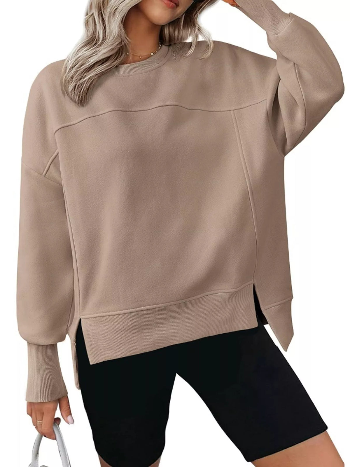 Slit Round Neck Dropped Shoulder Sweatshirt - Lilixa.store