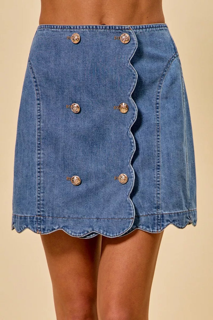 SO ME Denim Scalloped Buttoned Front Skirt - Lilixa.store