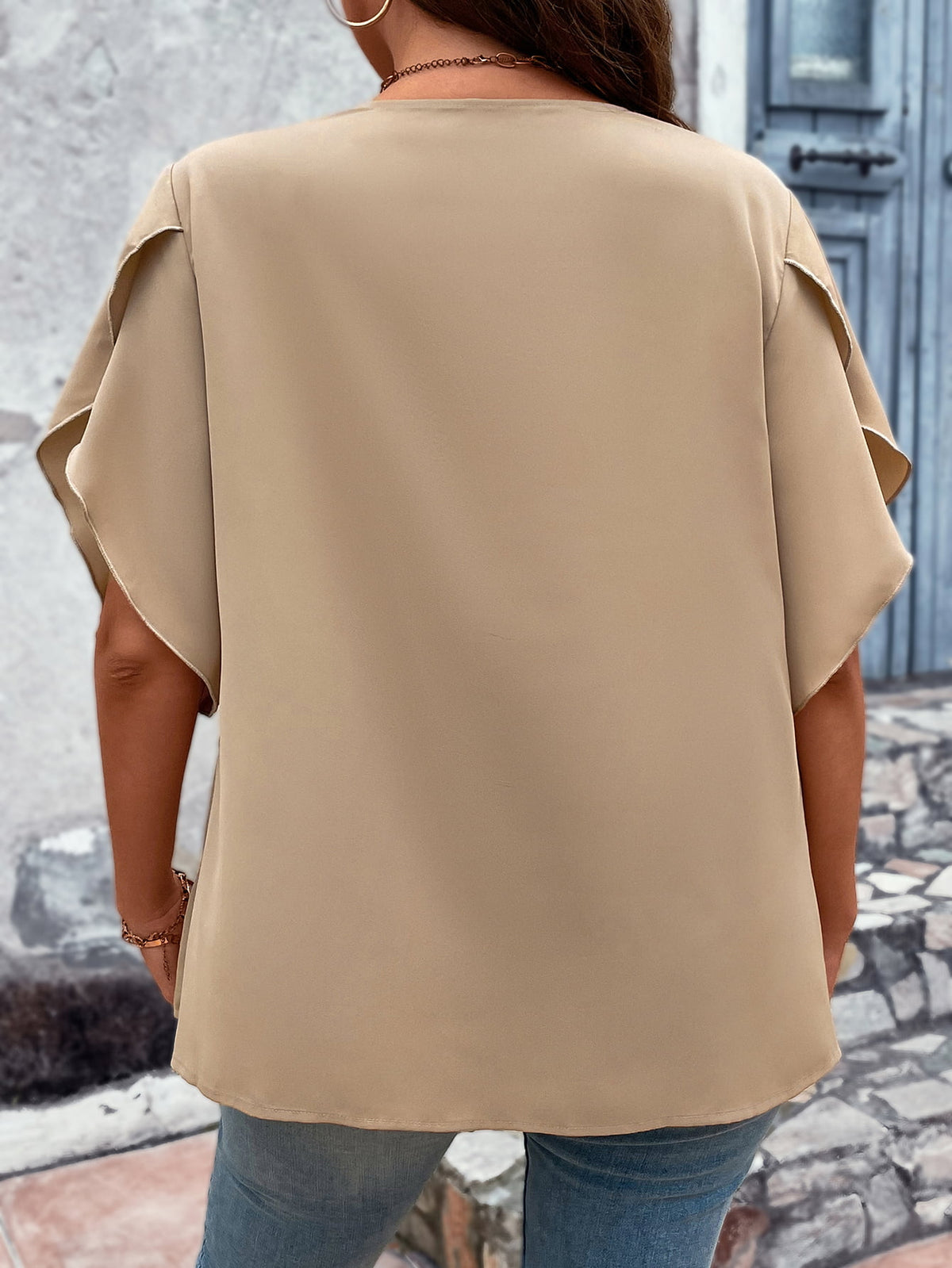 Honey Plus Size V-Neck Flutter Sleeve Blouse in Tan, view 2