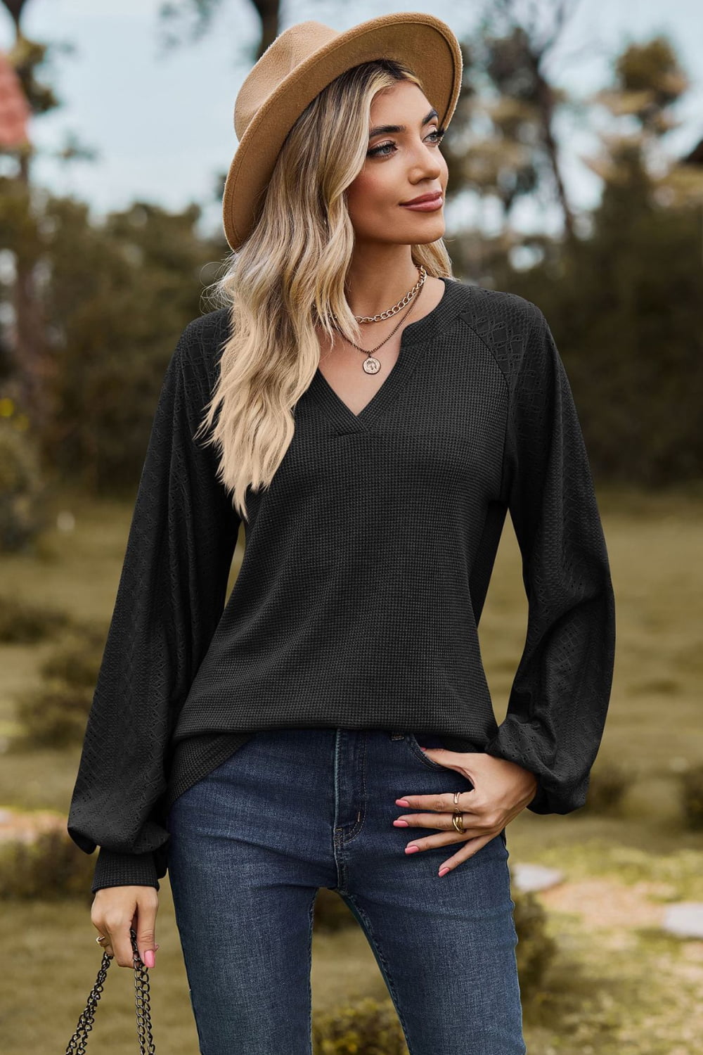 Notched Neck Raglan Sleeve Blouse in Black