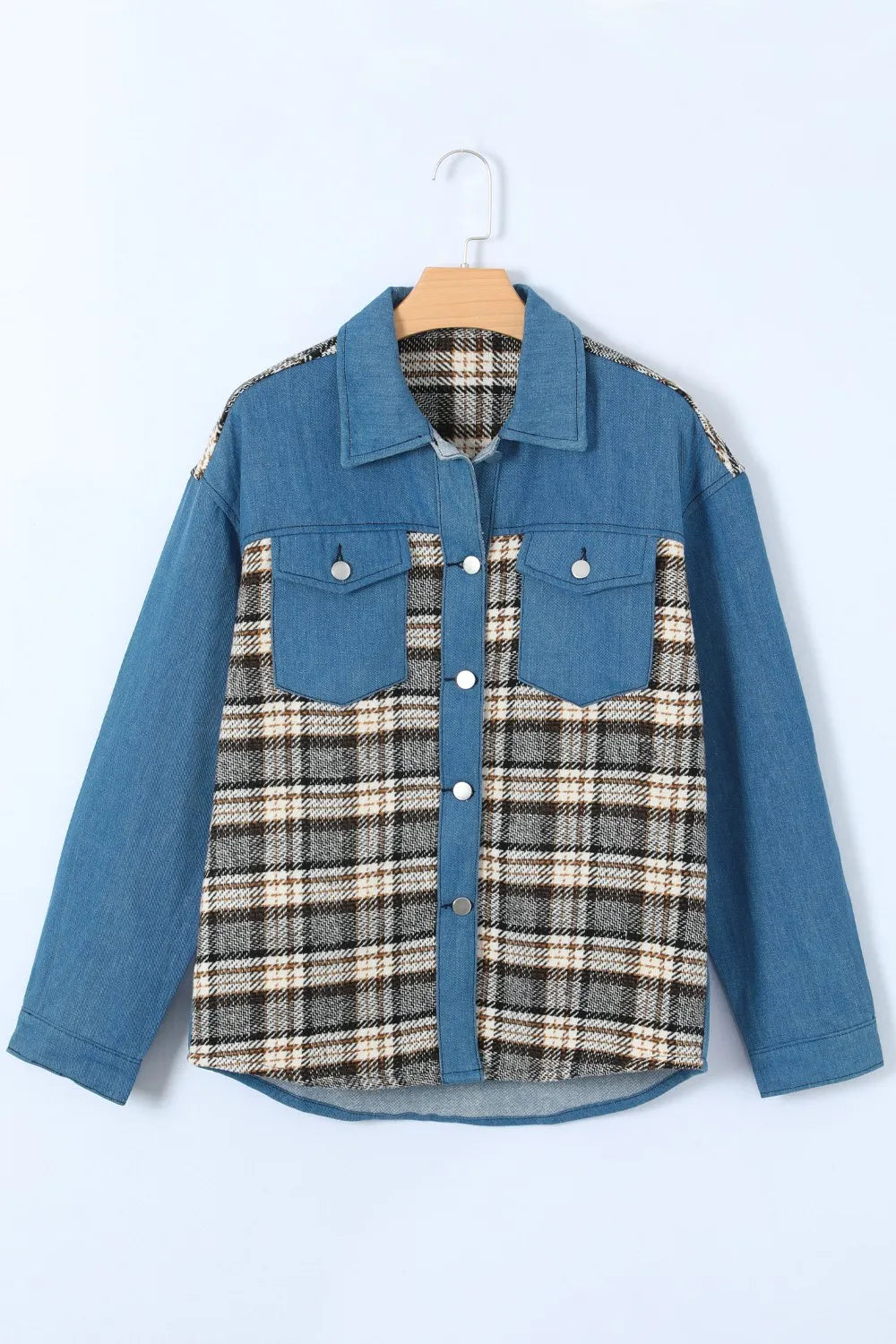 Plaid Pocketed Button Up Denim Jacket - Lilixa.store