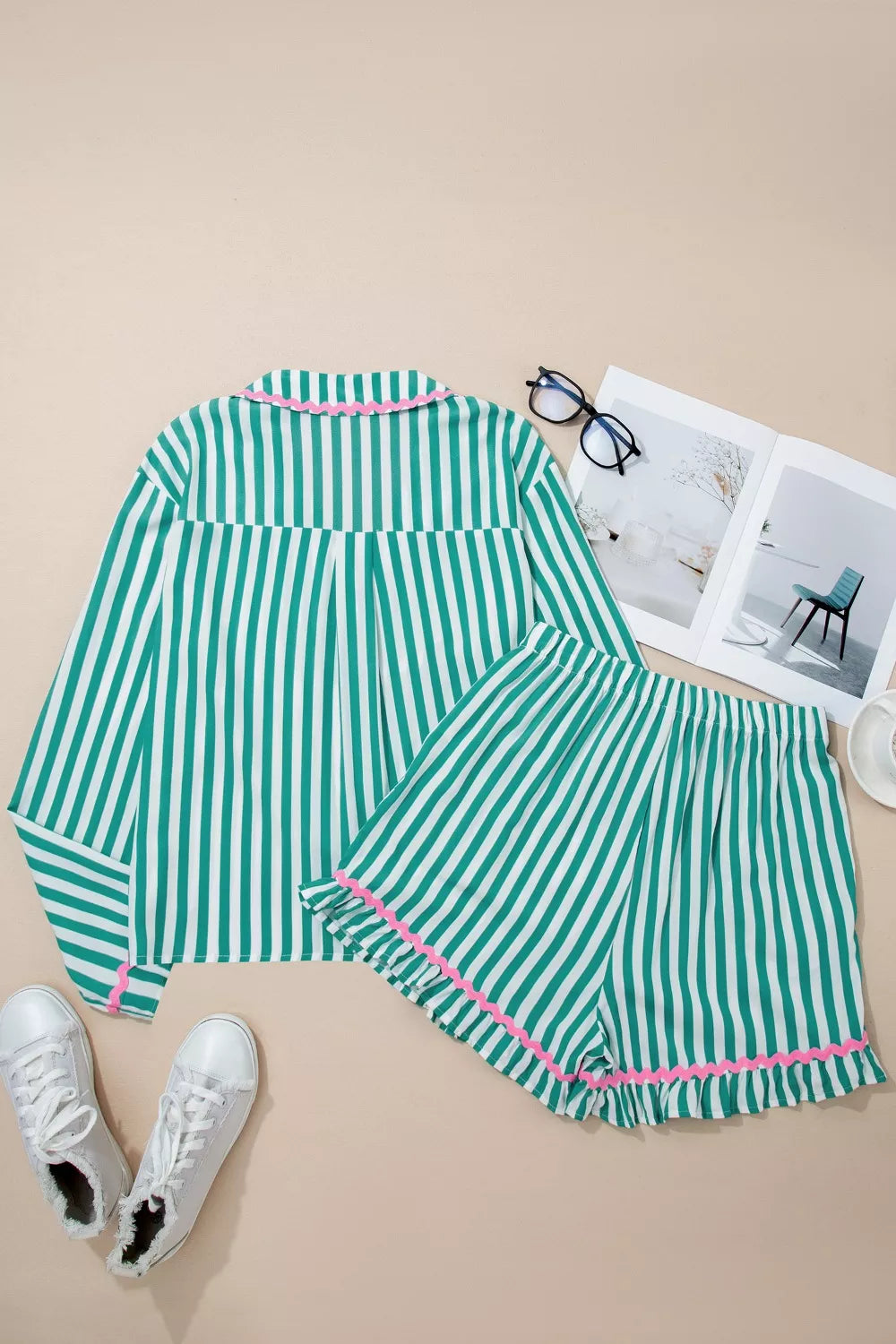 Stripe Contrast Ricrac Trim Long Sleeve Shirt Drawstring Ruffled Pajama Short Set - Lilixa.store