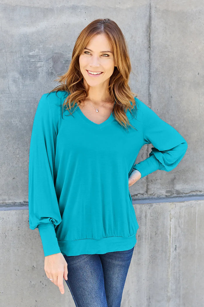 Basic Bae Full Size V-Neck Lantern Sleeve Top in Sky Blue