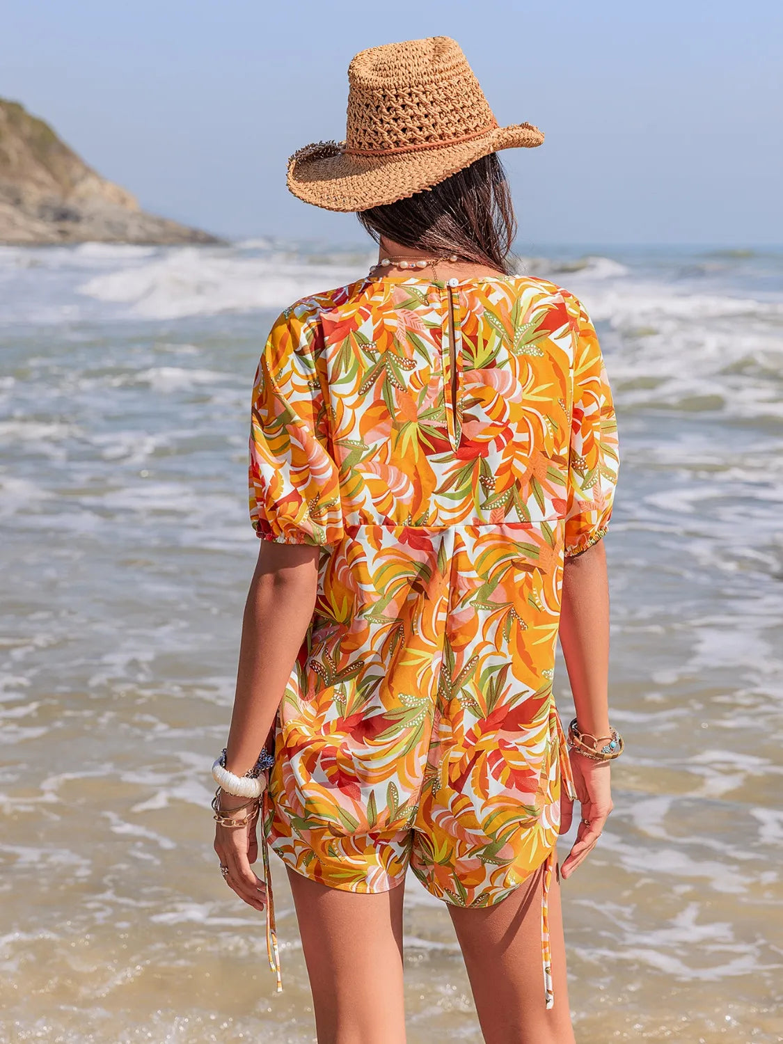 Smocked Printed Tie Neck Romper - Lilixa.store