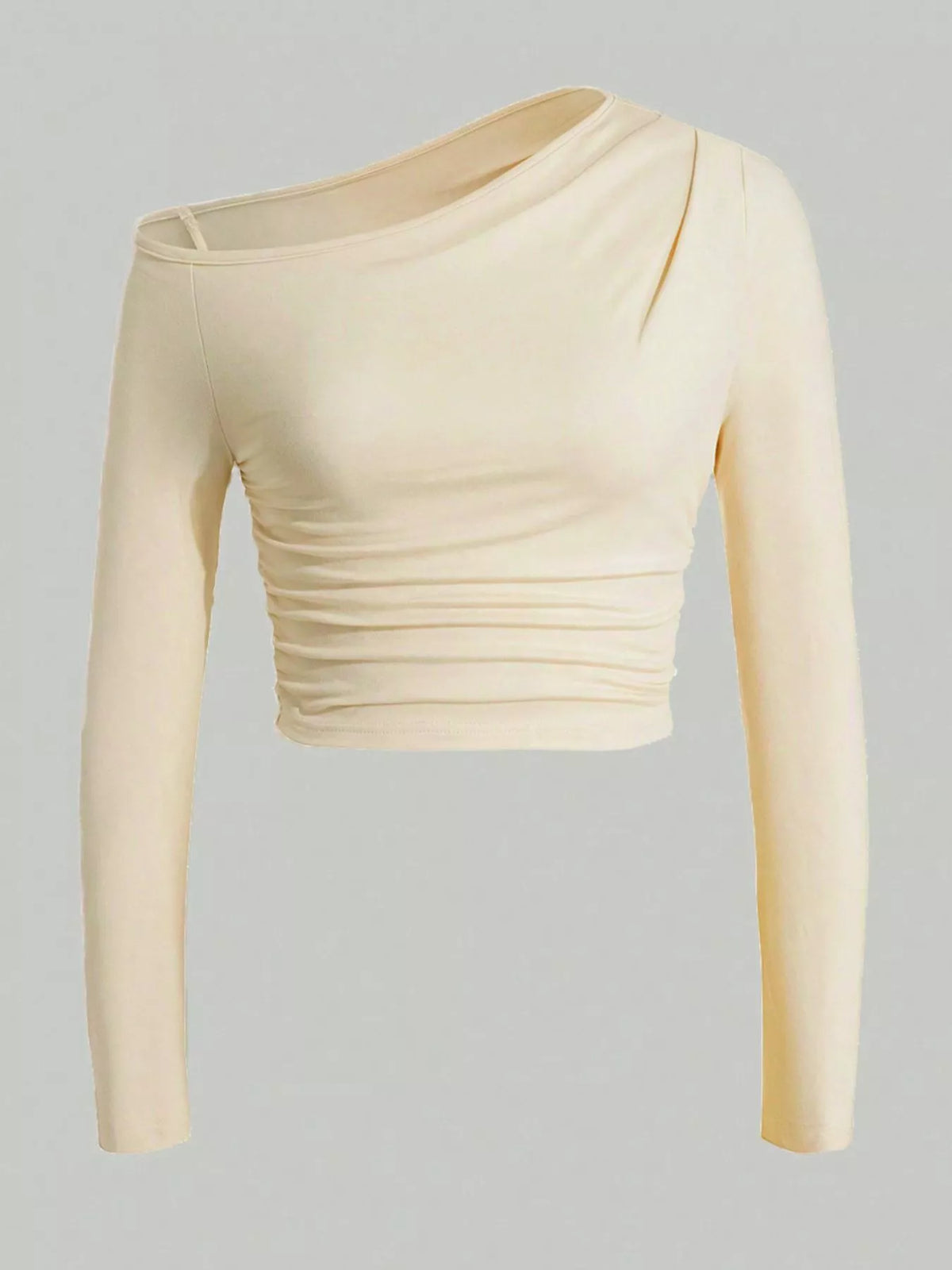 One-Shoulder Ruched Long Sleeve Crop T-Shirt in Apricot, view 3