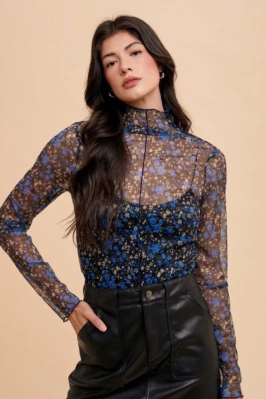 Annie Wear Floral Lettuce Hem Sheer Mesh Top in Black/Blue, view 3