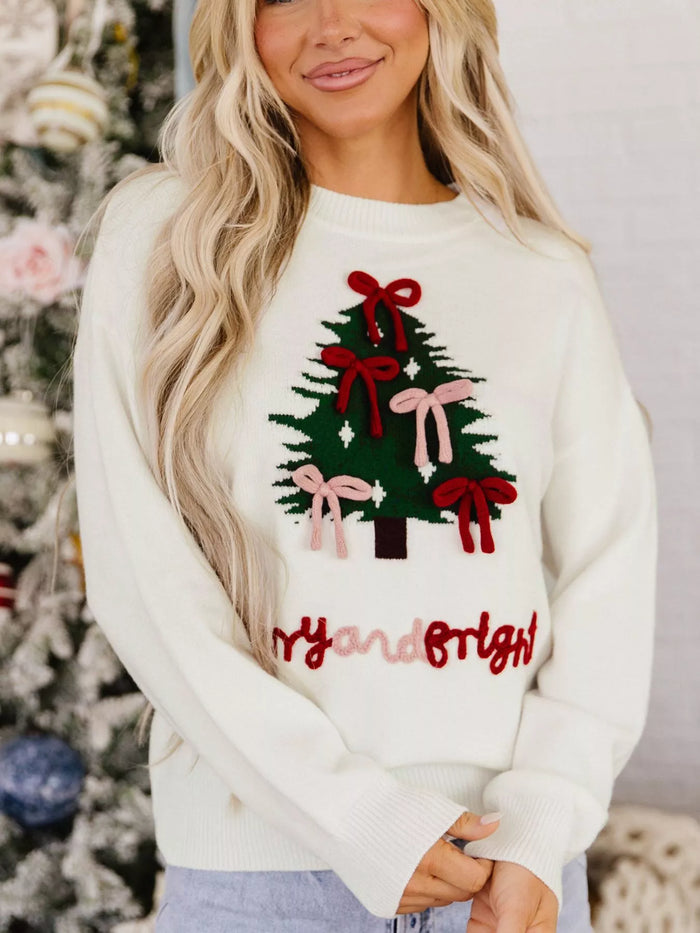 Christmas Tree Bow Drop Shoulder Knit Sweater in White