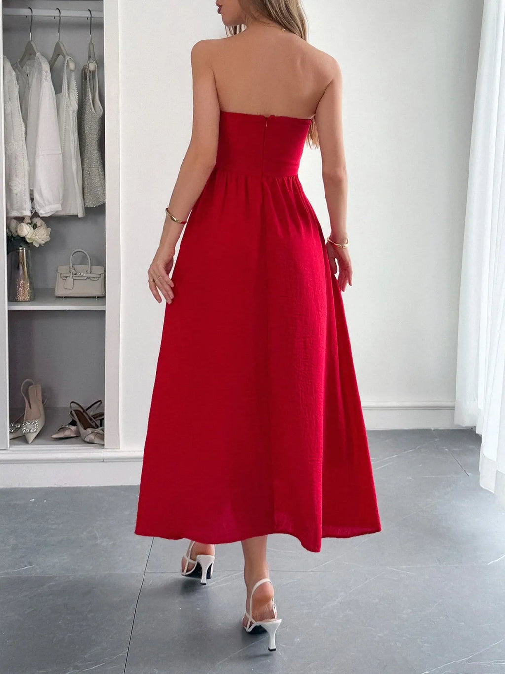 Strapless A-Line Midi Dress with Pockets - Lilixa.store
