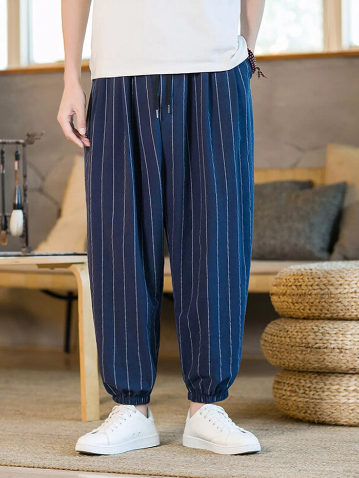 Men's Plus Size Striped Harem Pants in Navy Blue