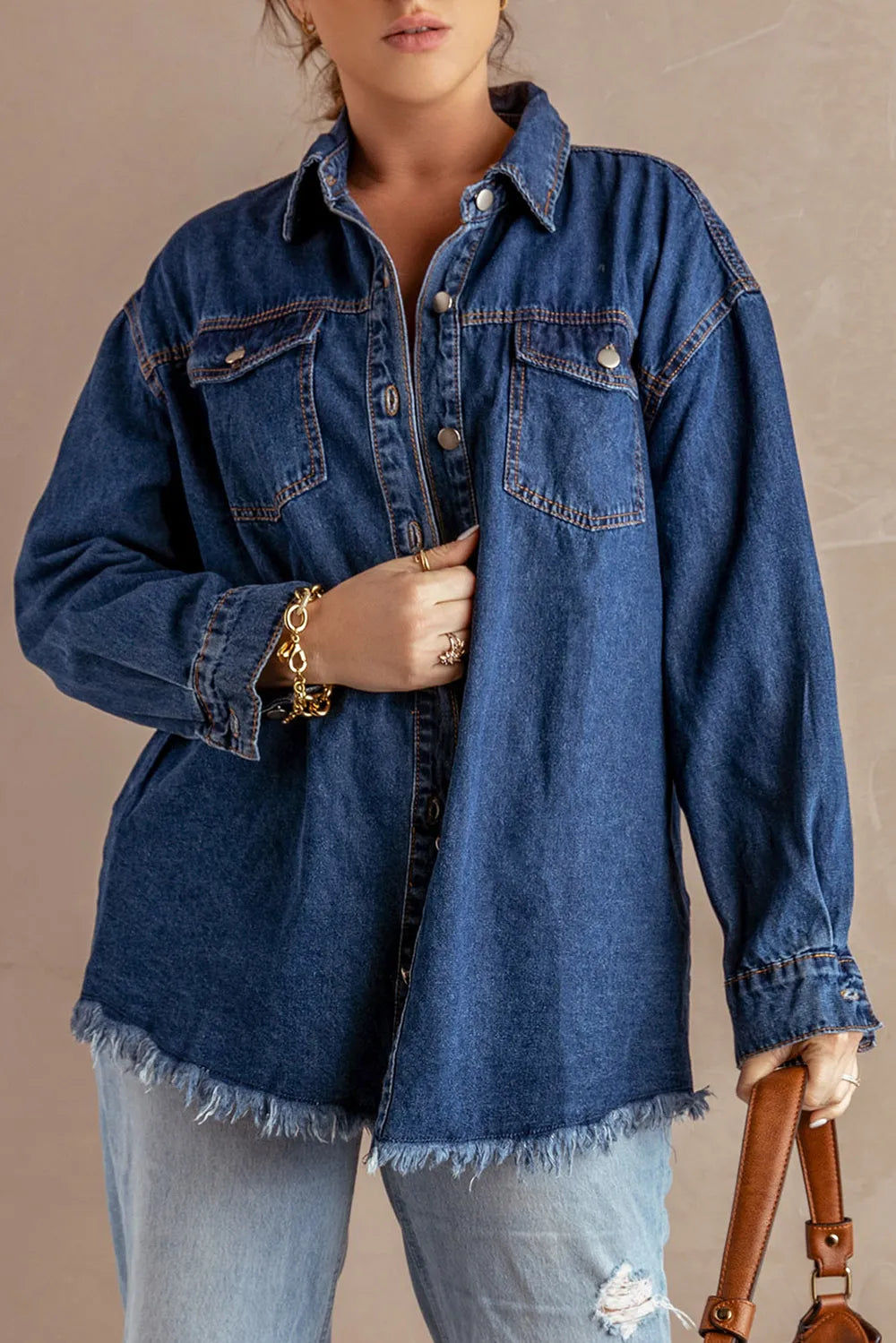 Button Up Pocketed Raw Hem Denim Jacket, view 7