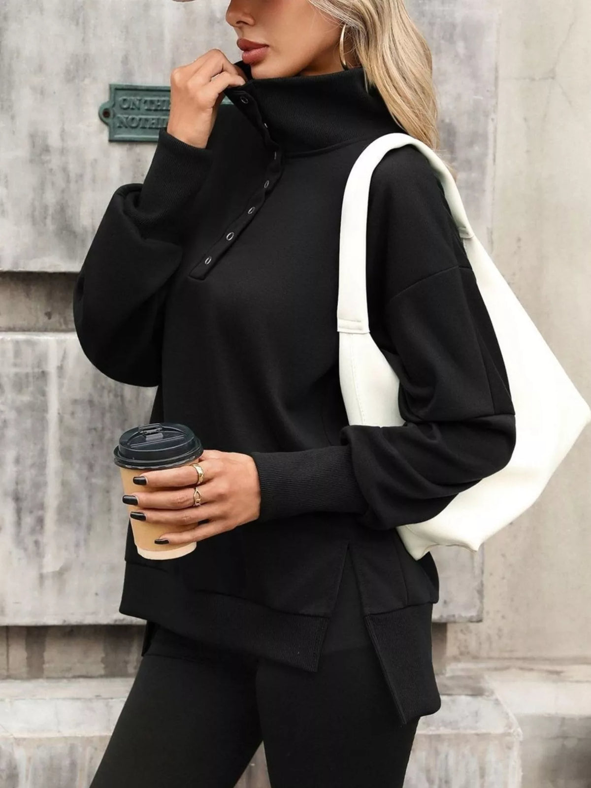 Side Slit Half Snap Sweatshirt - Lilixa.store