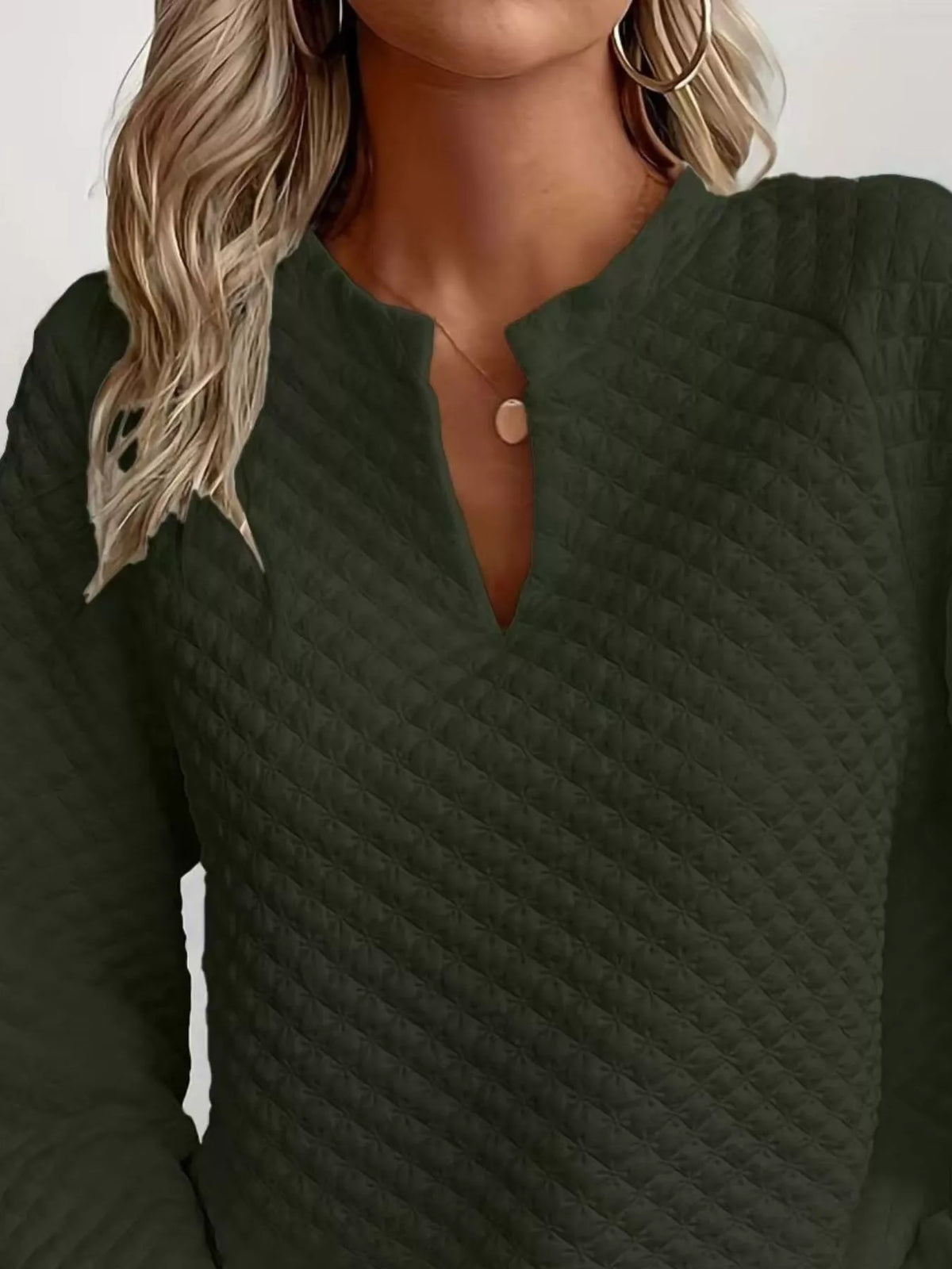 Quilted Texture Long Sleeve Sweatshirt with Notched Neck - Lilixa.store