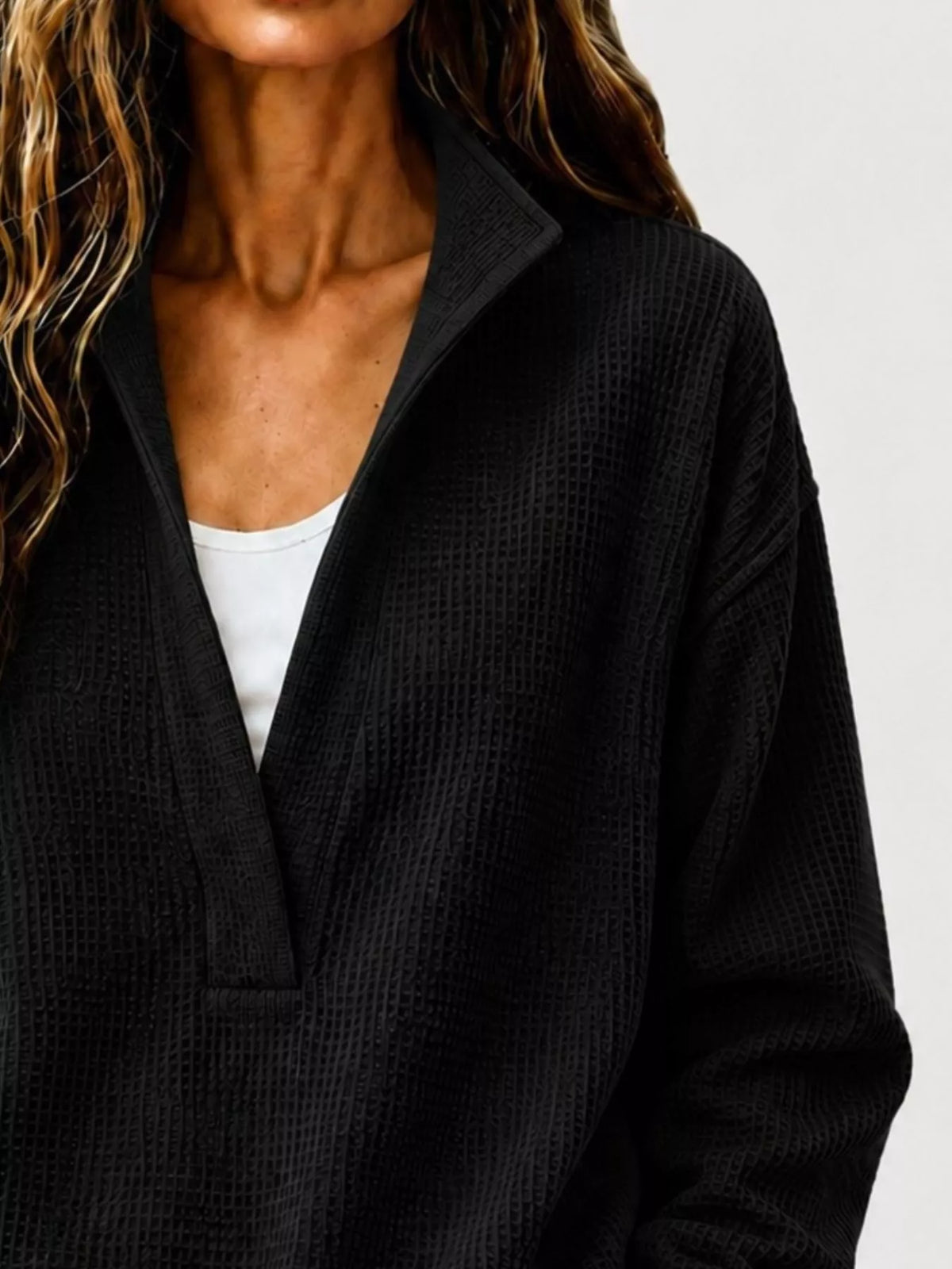 Full Size Waffle Knit Dropped Shoulder Sweatshirt Plus Size - Lilixa.store