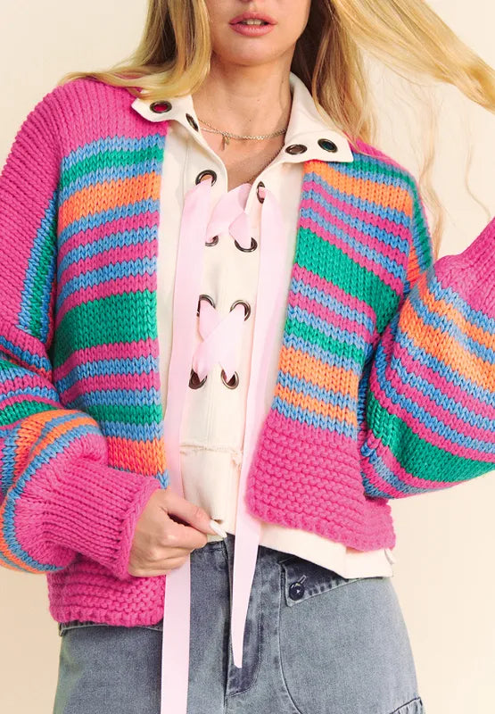 Contrast Striped Open Front Long Sleeve Cardigan - Lilixa.store