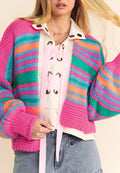 Contrast Striped Open Front Long Sleeve Cardigan - Lilixa.store