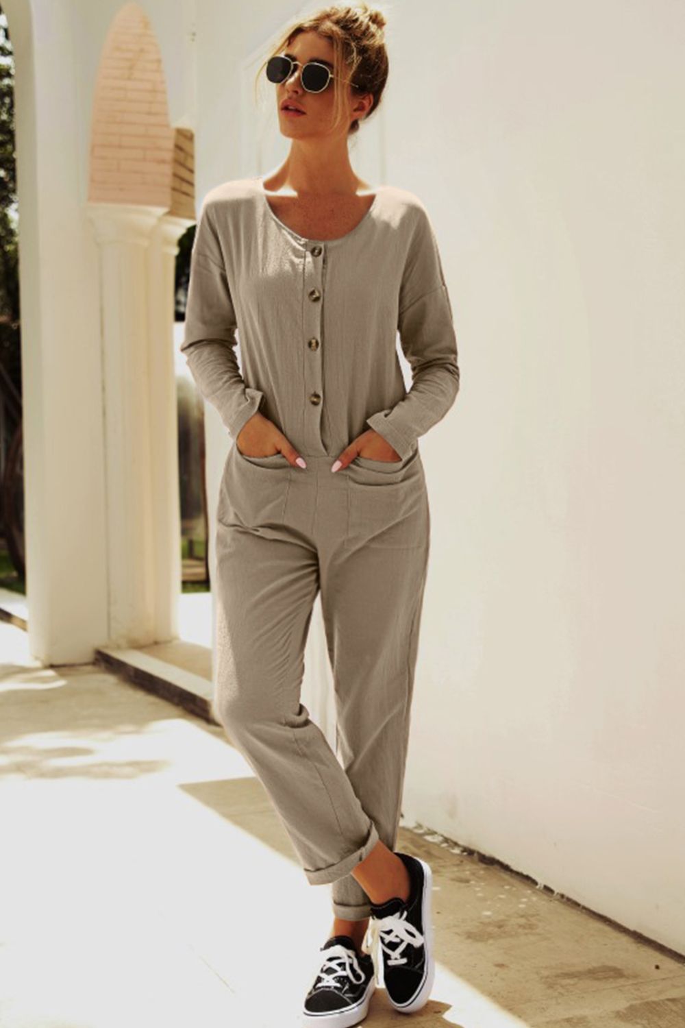 Buttoned Drop Shoulder Pocket Jumpsuit - Lilixa.store