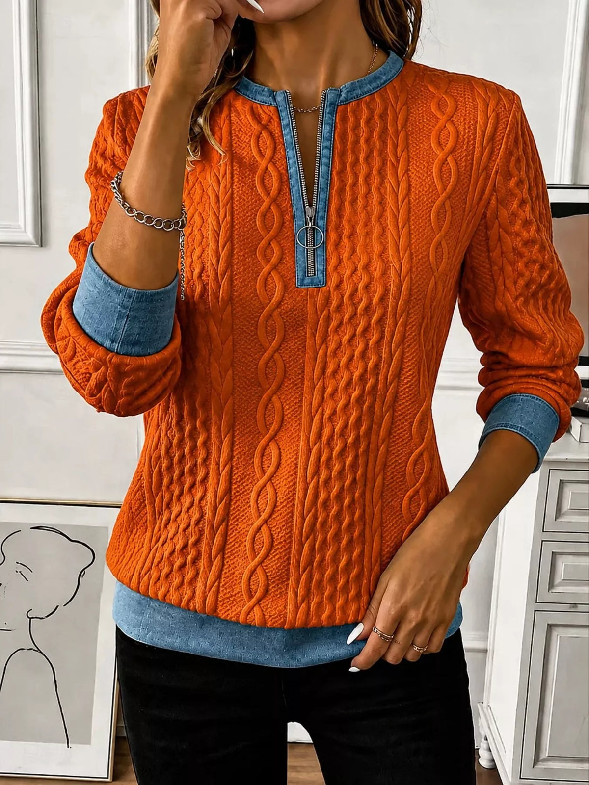 Full Size Denim Contrast Trim Quarter Zip Texture Sweatshirt Plus Size - Lilixa.store