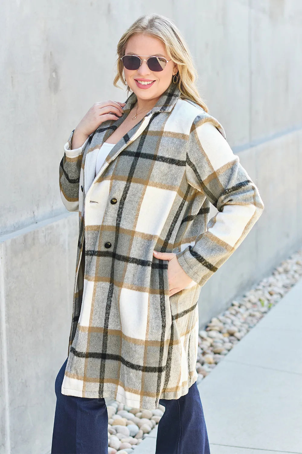 Double Take Full Size Plaid Button Up Lapel Collar Coat - Lilixa.store