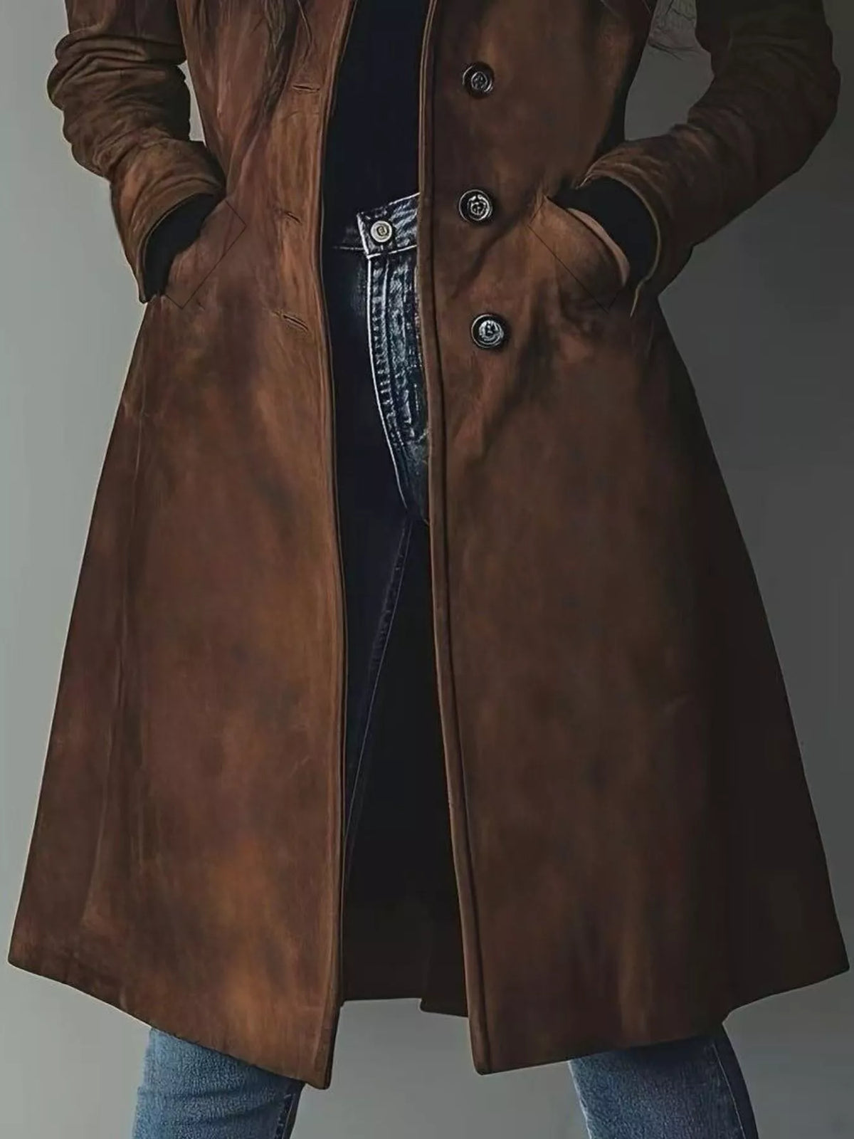 Button Up Long Sleeve Trench Coat in Brown, view 3