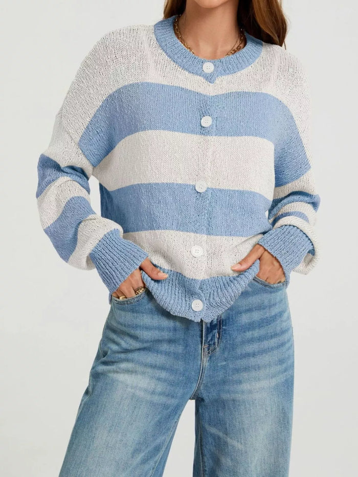 Casual Striped Button-Down Knit Cardigan - Lilixa.store