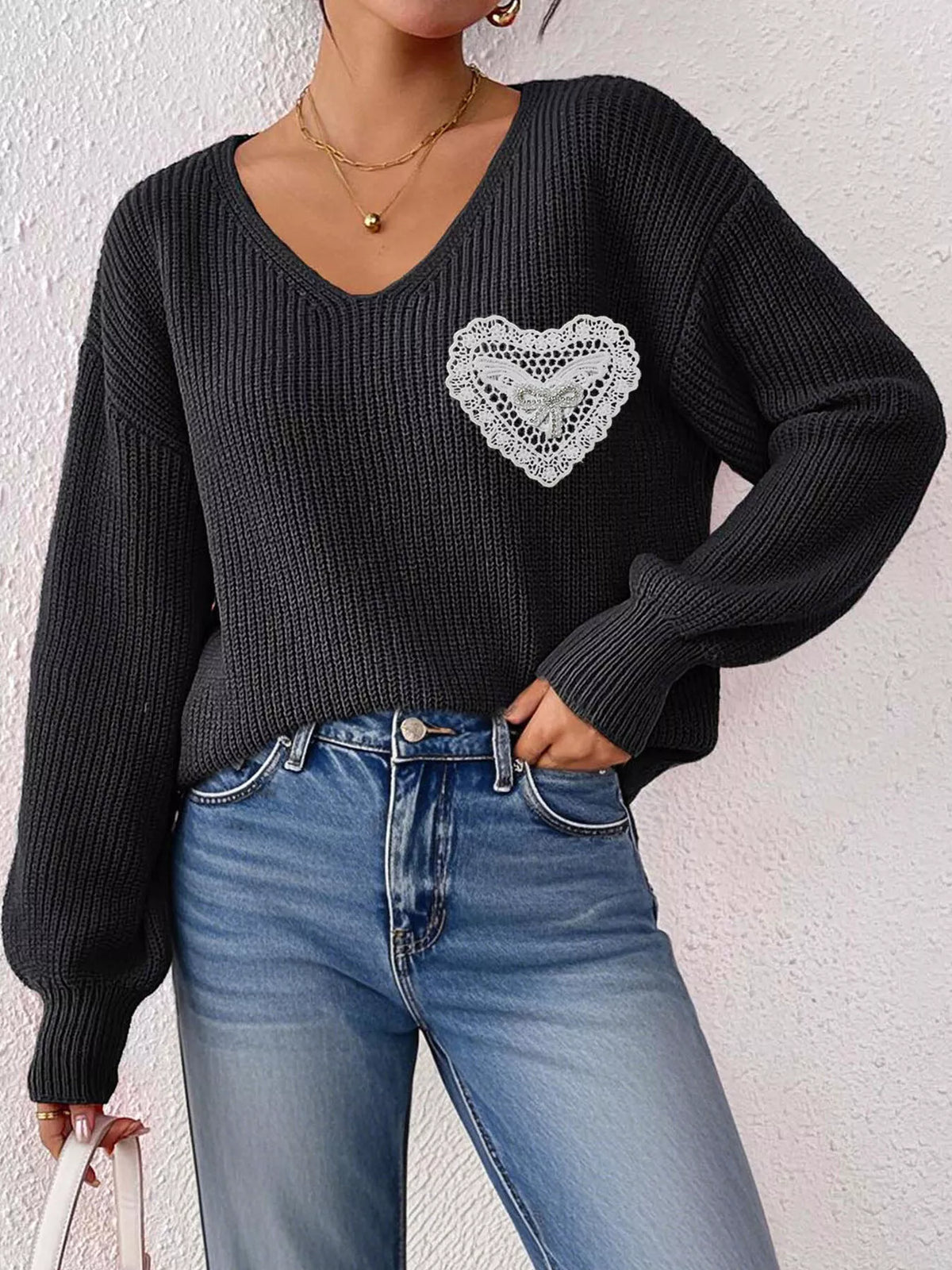Lace Heart Dropped Shoulder Sweater