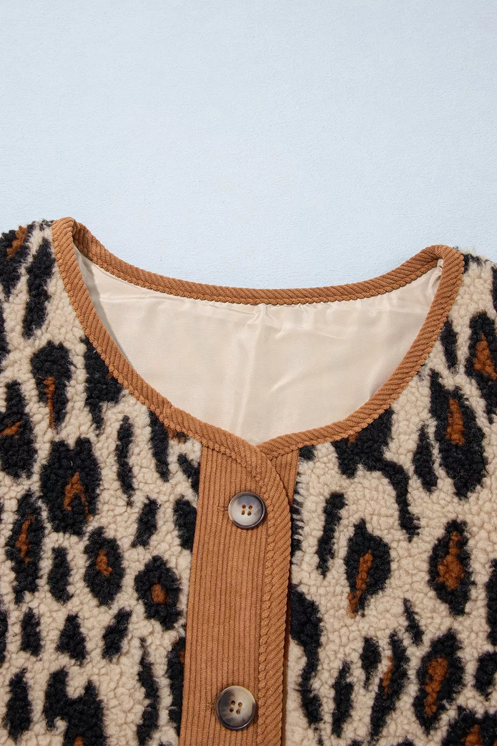 Leopard Plush Corduroy Trim Long Sleeve Jacket, view 9