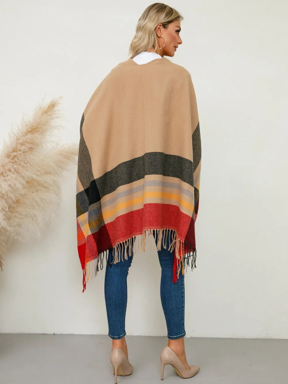 Fringe Contrast Plaid Poncho - Lilixa.store