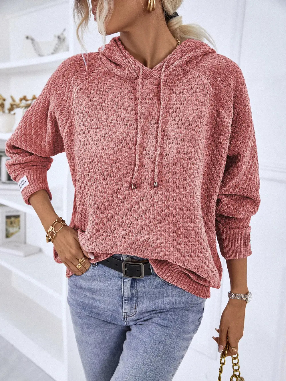 Texture Drawstring Long Sleeve Hooded Sweater in Burnt Coral