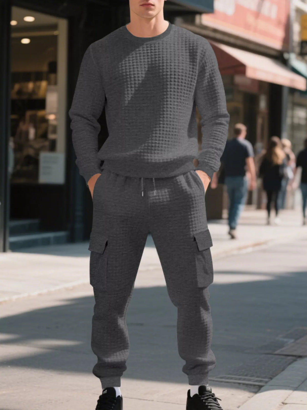 Men's Plus Size Waffle Knit Textured Crewneck Sweatshirt and Jogger Set - Lilixa.store