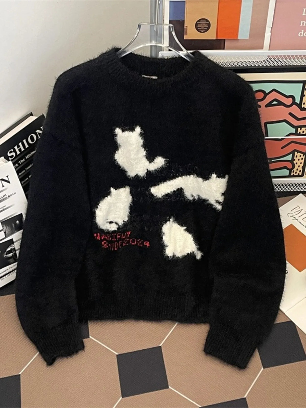 Men's Cute Cat Fuzzy Knit Pullover - Lilixa.store