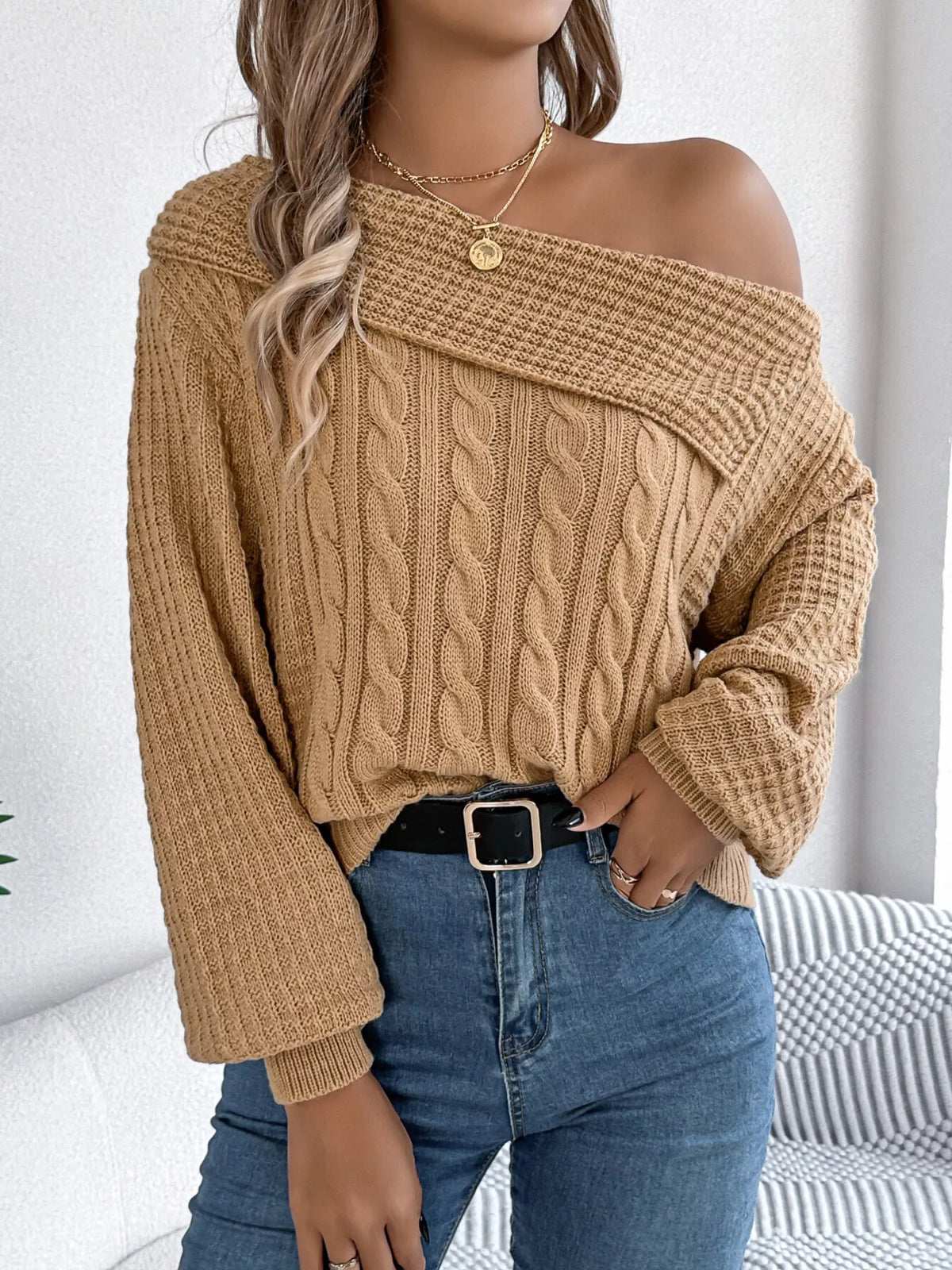 One Shoulder Cable Knit Sweater