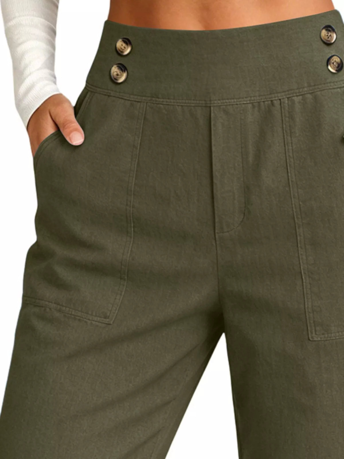 Full Size High-Waisted Button-Detail Cropped Pants Plus Size, view 3
