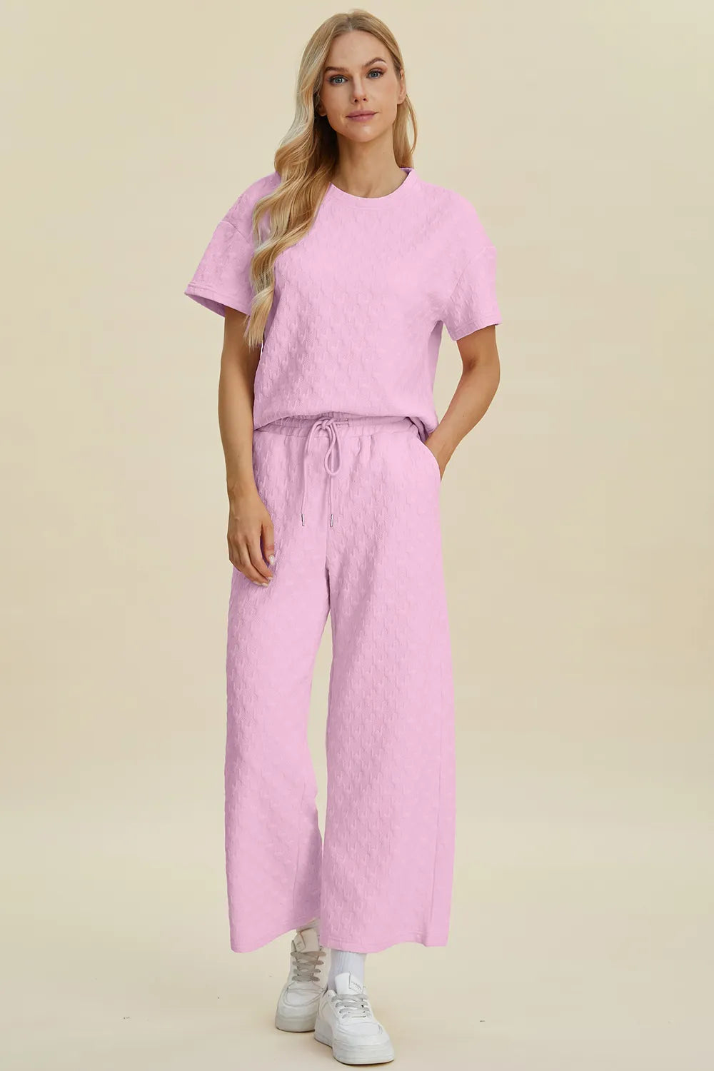 Double Take Full Size Texture Round Neck Short Sleeve Top and Pants Set in Pink